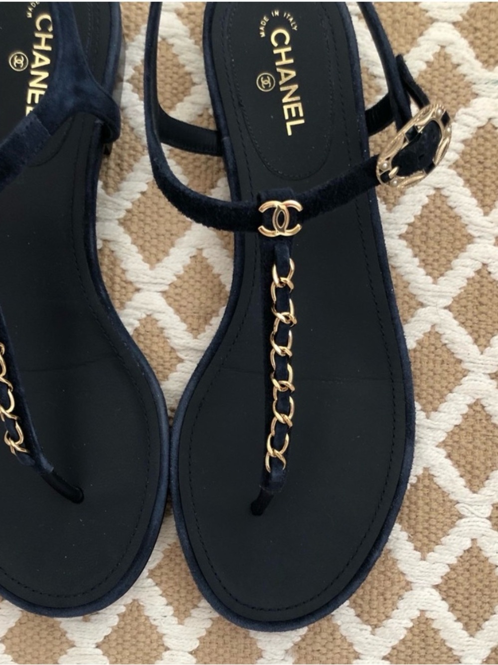 CHANEL Suede Calfskin Thong Sandals 38.5 Navy Blue